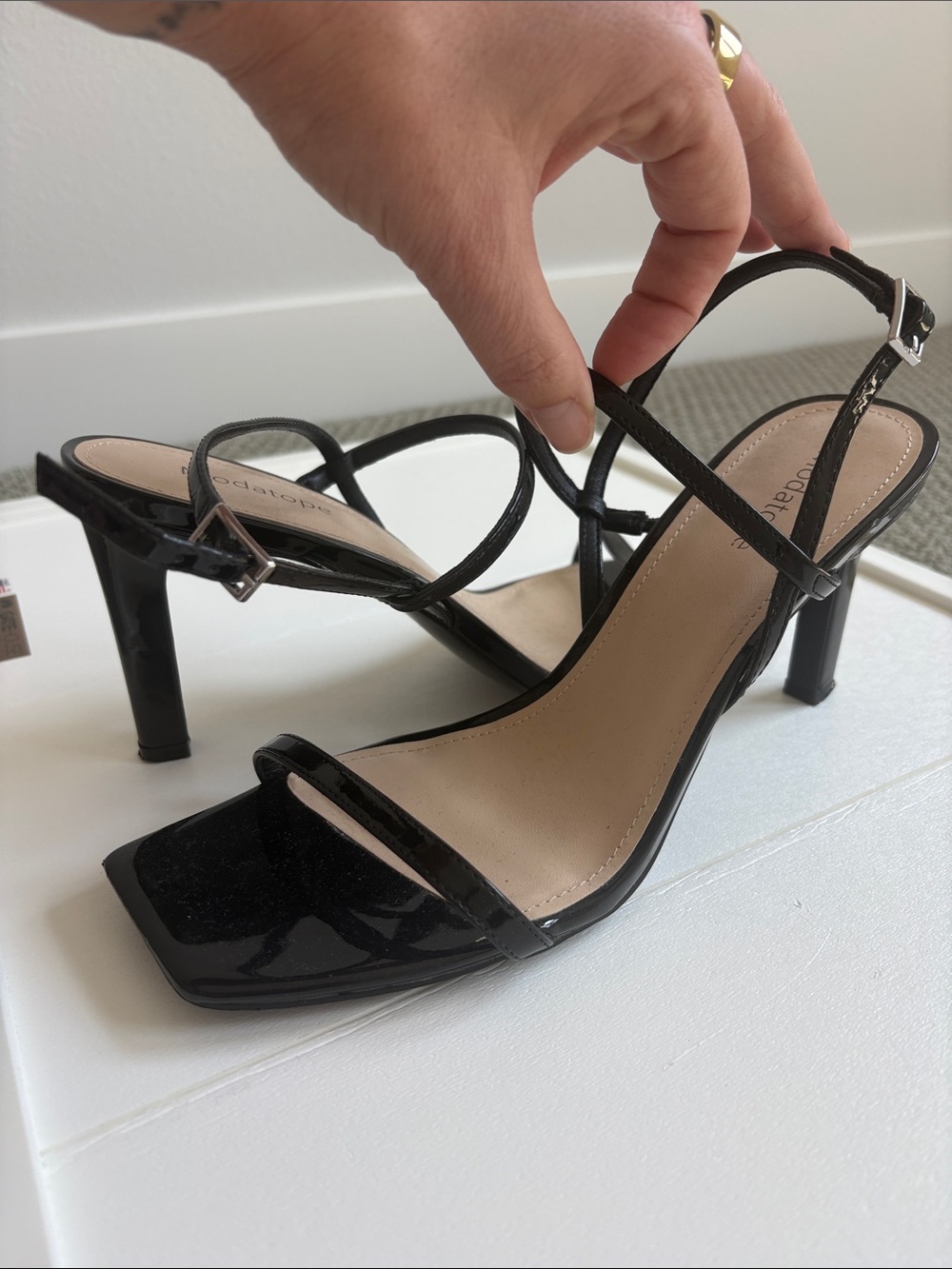 Patent Black Strappy Square-Toe Heeled Sandals